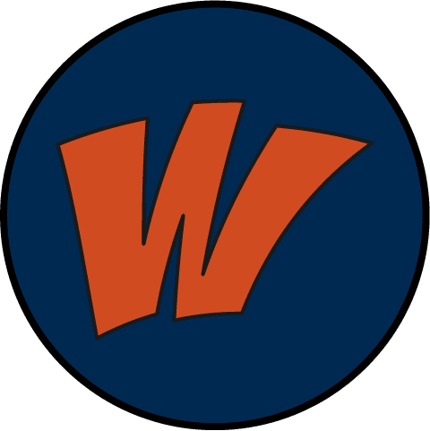 Wonky logo with red W on a dark blue background