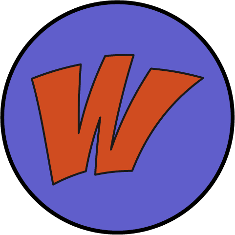 Wonky logo with red W on a light blue background